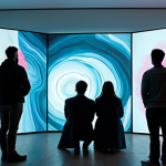 **

"A vibrant and immersive art installation featuring projected images and soft, ambient lighting. People are observing the art, fully clothed in casual attire. The scene includes subtle aromatic diffusers creating a pleasant atmosphere. Perfect anatomy, natural proportions, appropriate content, safe for work, professional photography, high quality, modest."

**