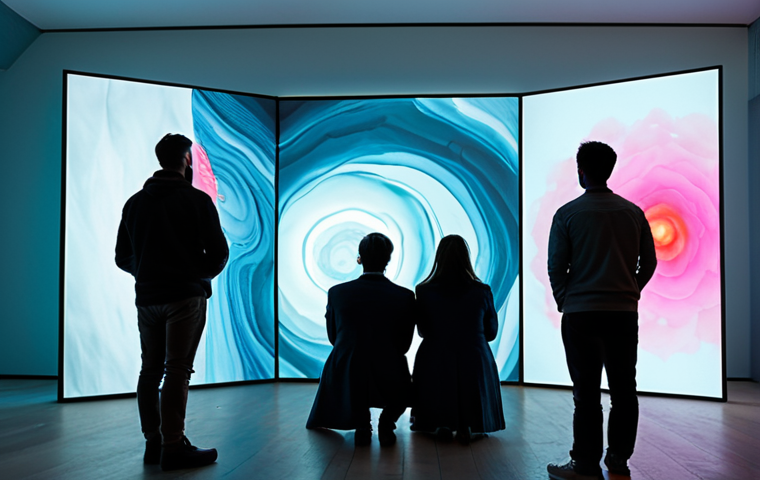 **

"A vibrant and immersive art installation featuring projected images and soft, ambient lighting. People are observing the art, fully clothed in casual attire. The scene includes subtle aromatic diffusers creating a pleasant atmosphere. Perfect anatomy, natural proportions, appropriate content, safe for work, professional photography, high quality, modest."

**