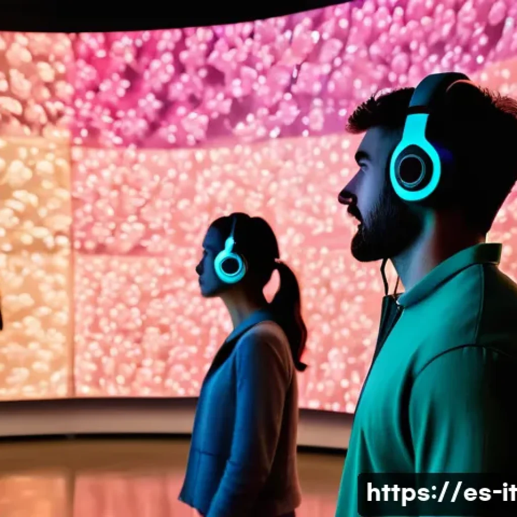 다감각 예술 경험 디자인을 위한 피드백 루프 구축 - A futuristic multisensory art installation inside a spacious gallery, featuring dynamic projections ...