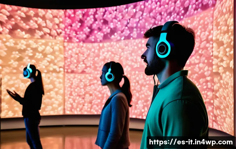 다감각 예술 경험 디자인을 위한 피드백 루프 구축 - A futuristic multisensory art installation inside a spacious gallery, featuring dynamic projections ...