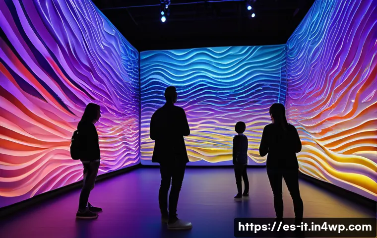 다감각 예술 경험 디자인의 콘텐츠 전략 - A vibrant multisensory art installation in a modern gallery space designed for a Spanish-speaking au...